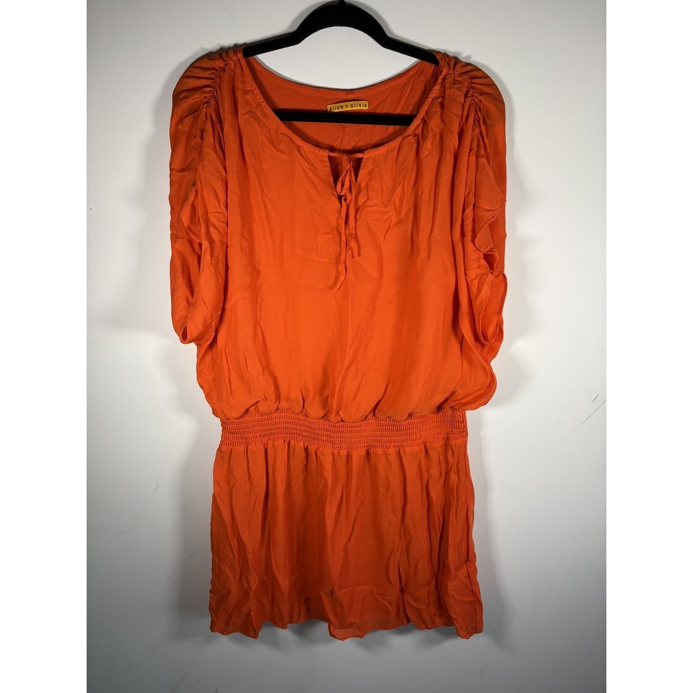 Alice + Olivia Orange Silk Smocked Waist Dress Sz M